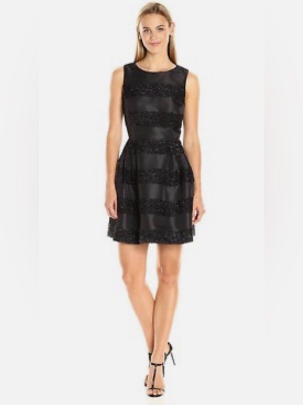 CeCe Fit & Flare Cocktail Mini Dress Black Tinsel Textured Stripes 14 NWT